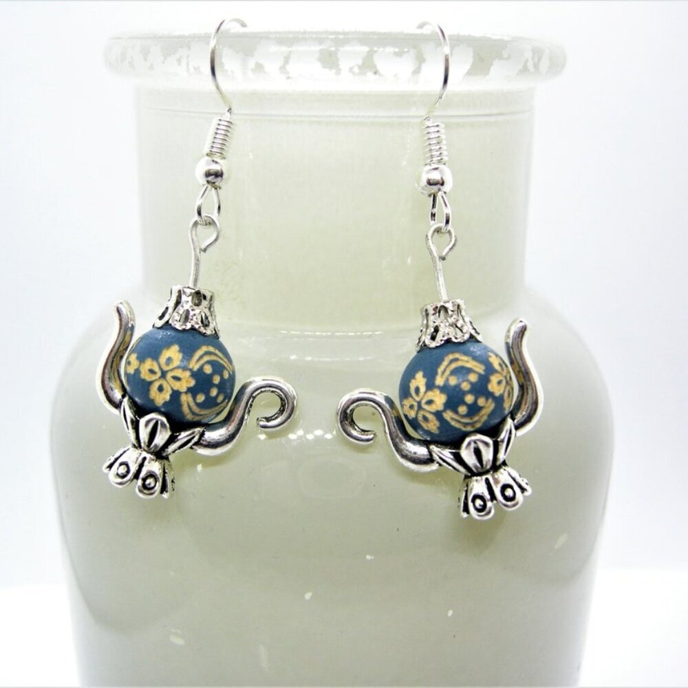 Handcrafted Teapot Earrings Dark Blue with Sterling Silver Hooks - Picture 4 of 7